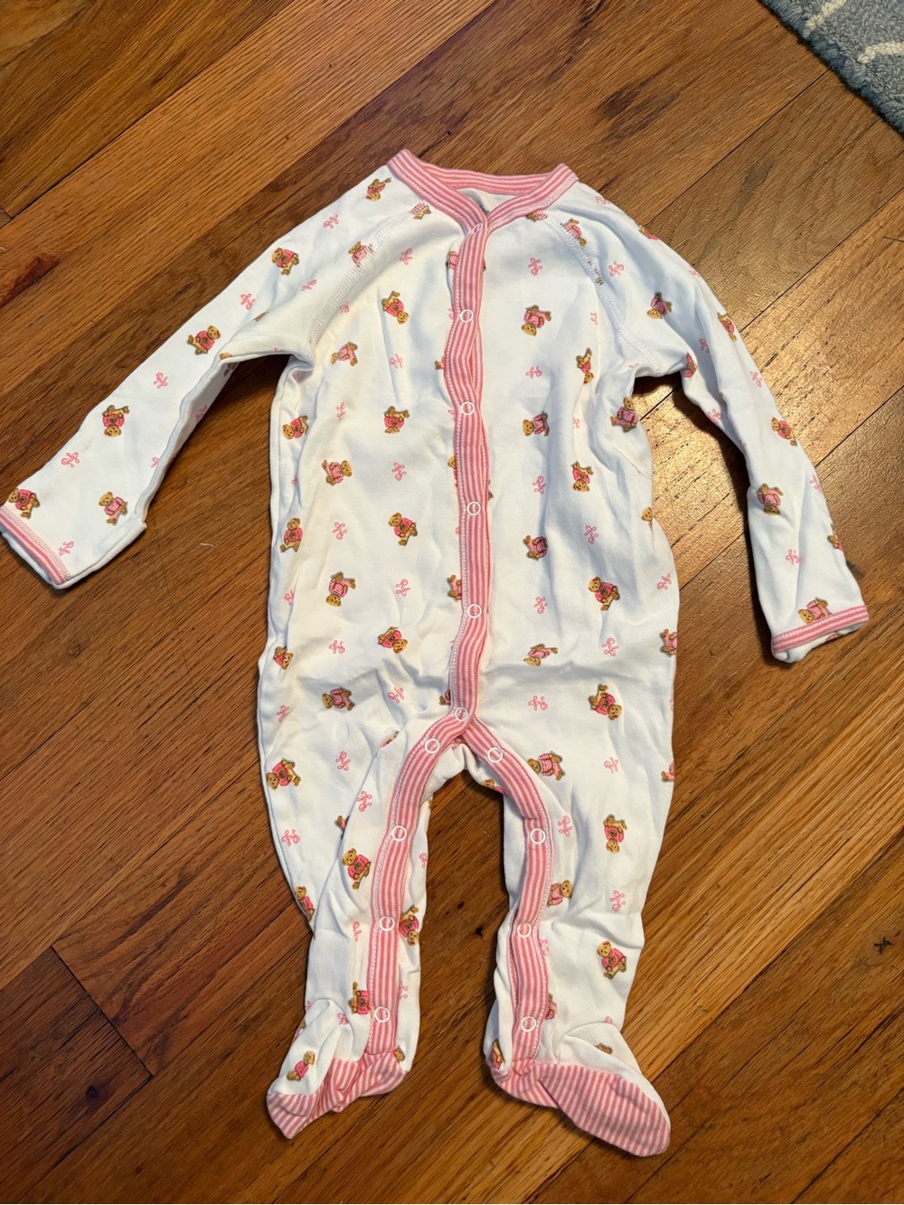 Ralph Lauren White and Pink Teddy Bear Baby One-Piece Footed Pajamas